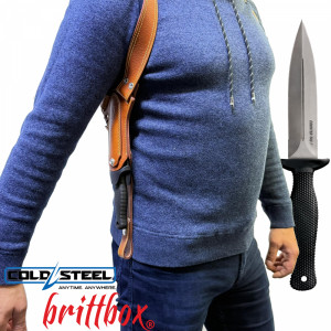 Тактически нагръден/раменен кобур BRITTBOX HOLSTER CLASSIC BROWN RIGHT с италиански боен/ловен нож COLD STEEL  COUNTER TAC I