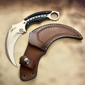 Ръчно изработен дизайнерски карамбит на Тод Бег Todd Begg Tiger Karambit с кожена кания