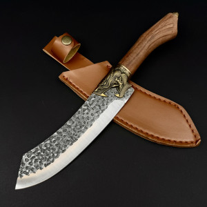 Тежък готварски нож Hunter’s Curve DRAGON,  за разфасоване, стомана 5Cr13Mov, дръжка розово дърво и месингов DRAGON гард