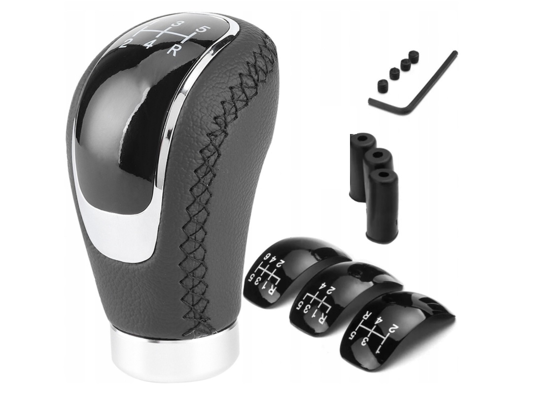 Универсална топка за скоростен лост автомобил – 5/6 скорости – черна кожа / хром – адаптери M8 M10 M12