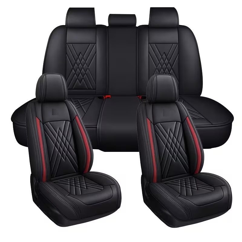Комплект Луксозна универсална кожена тапицерия, Черно с червено за Предни и Задни седалки