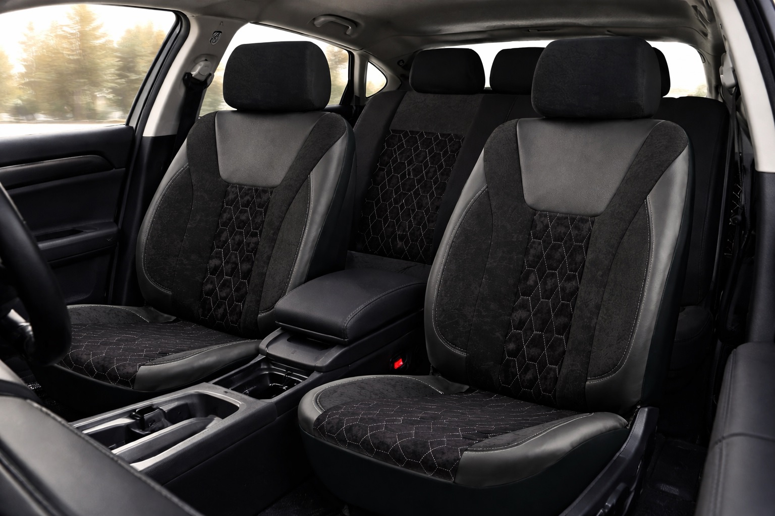 Луксозен комплект универсална автомобилна тапицерия от 9 части – черно / сив дизайн, еко кожа, текстил и полиестер