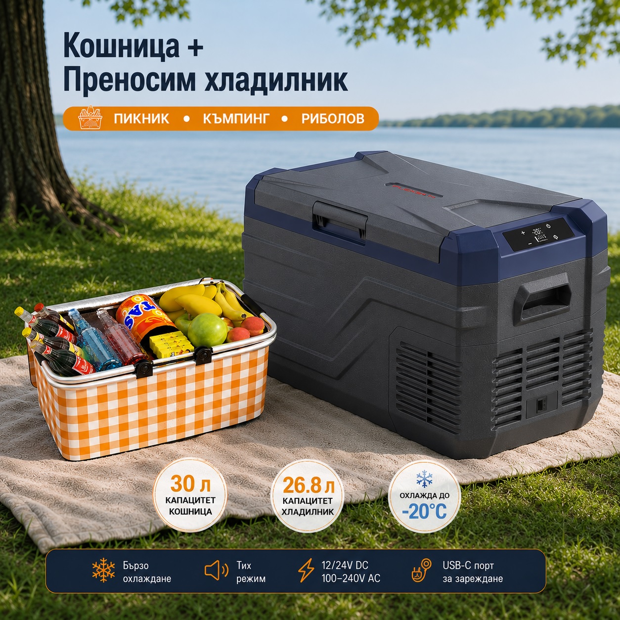 Къмпинг комплект Flexzon - Kомпресорен SMART хладилник фризер 26.8L + Сгъваема термо кошница 30L