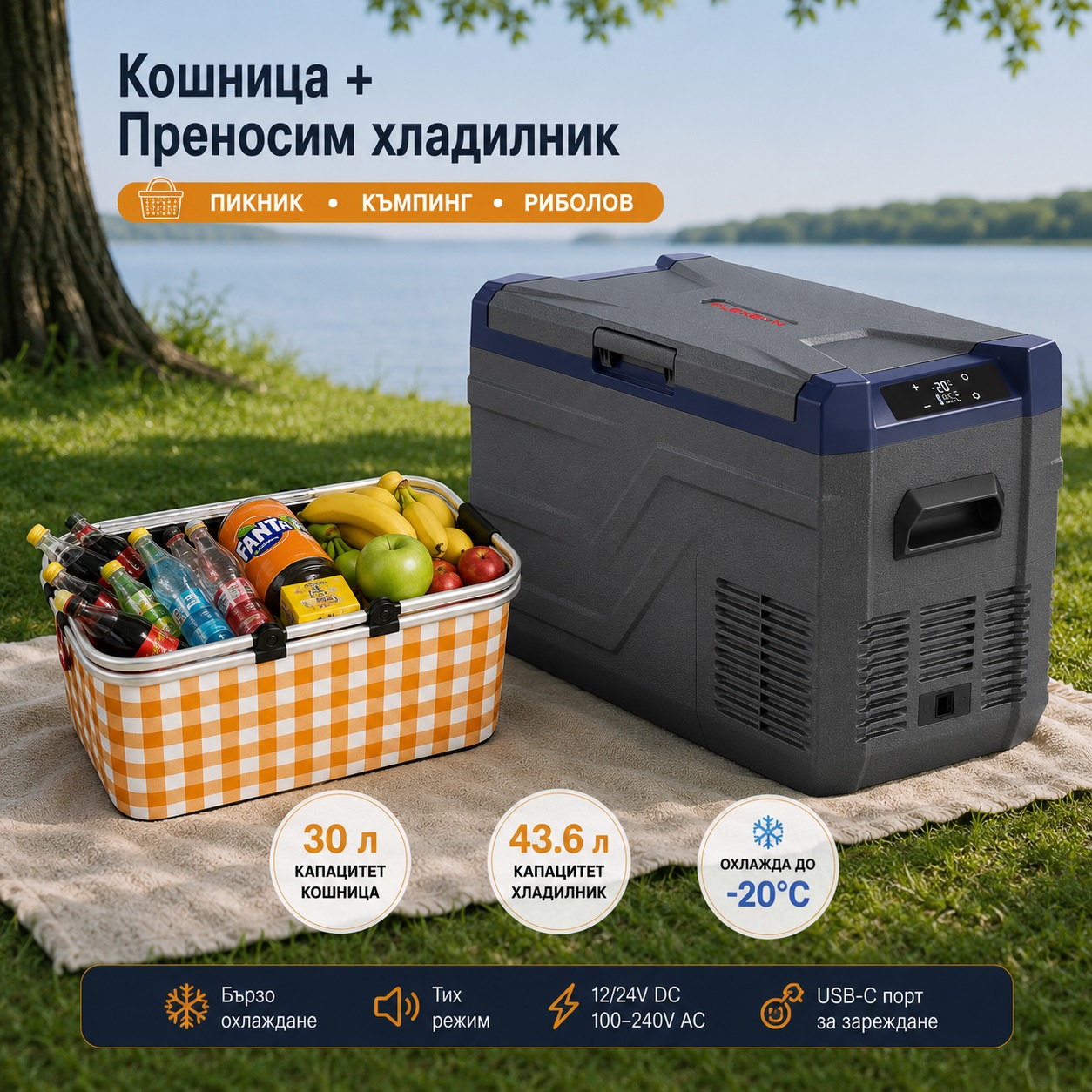 Къмпинг комплект Flexzon - Kомпресорен SMART хладилник фризер 43.6L + Сгъваема термо кошница 30L