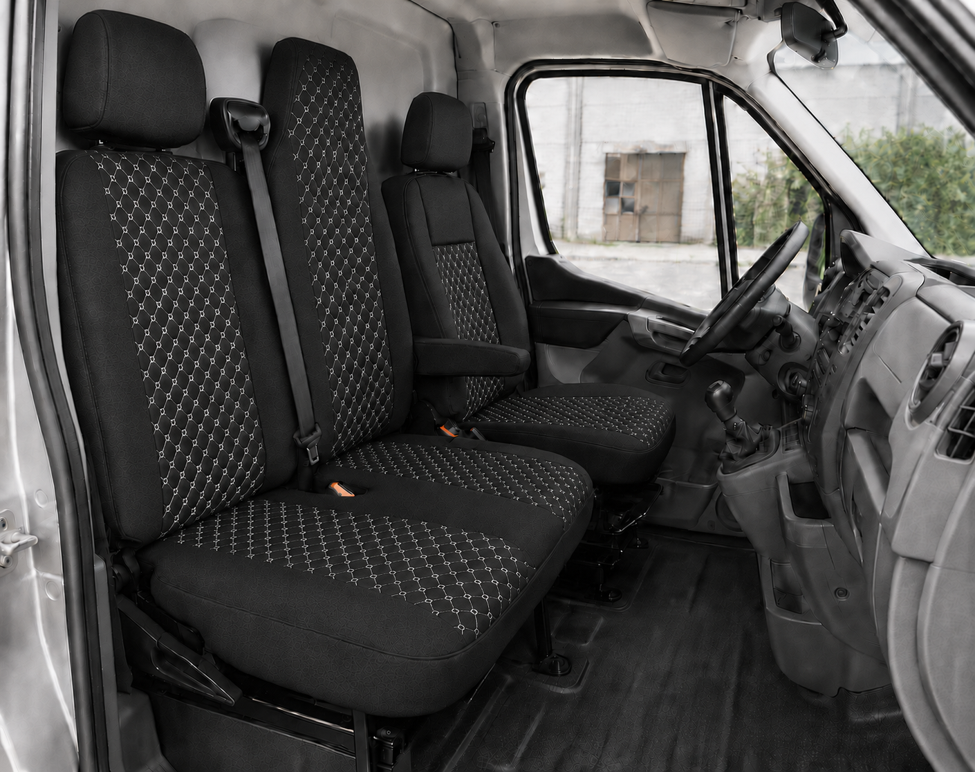 Комплект 2+1 Тапицерия за RENAULT MASTER III 2010-2019 – Текстил, Черна с бял шев, 6 части