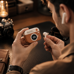Дизайнерски Bluetooth слушалки NOSTALGIA  с винтидж кейс фотоапарат с дисплей