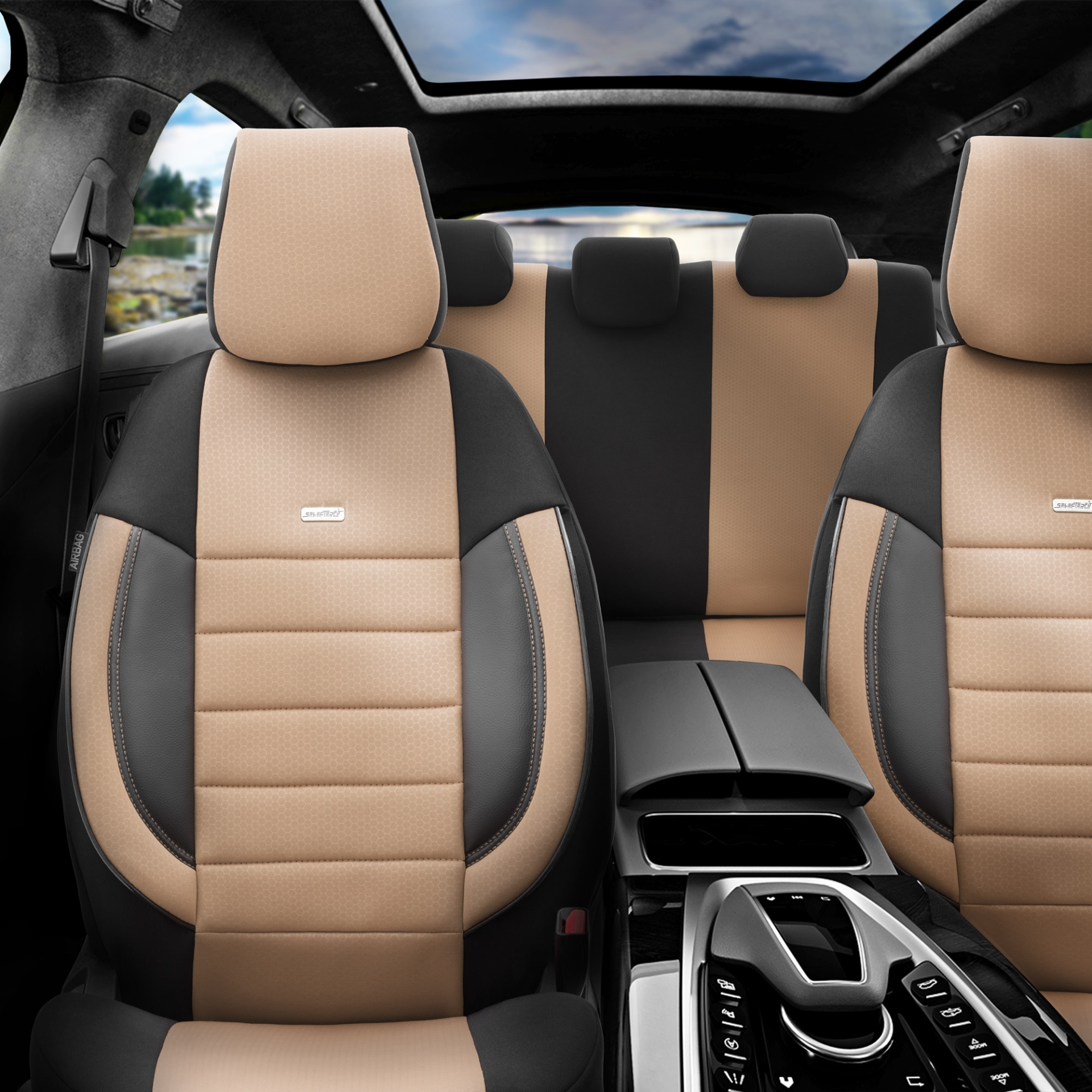 Комплект Тапицерия SelectedFit Pro Design by OTOM текстил с кожа – Черно-Бежова, за Предни и Задни Седалки
