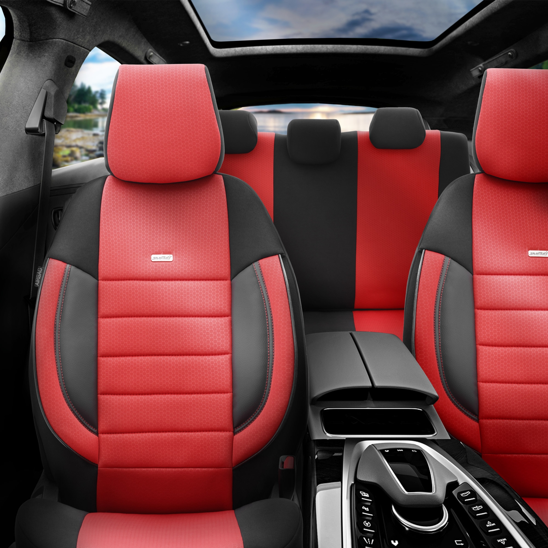 Комплект Тапицерия SelectedFit Pro Design by OTOM текстил с кожа – Черно-Червена, за Предни и Задни Седалки