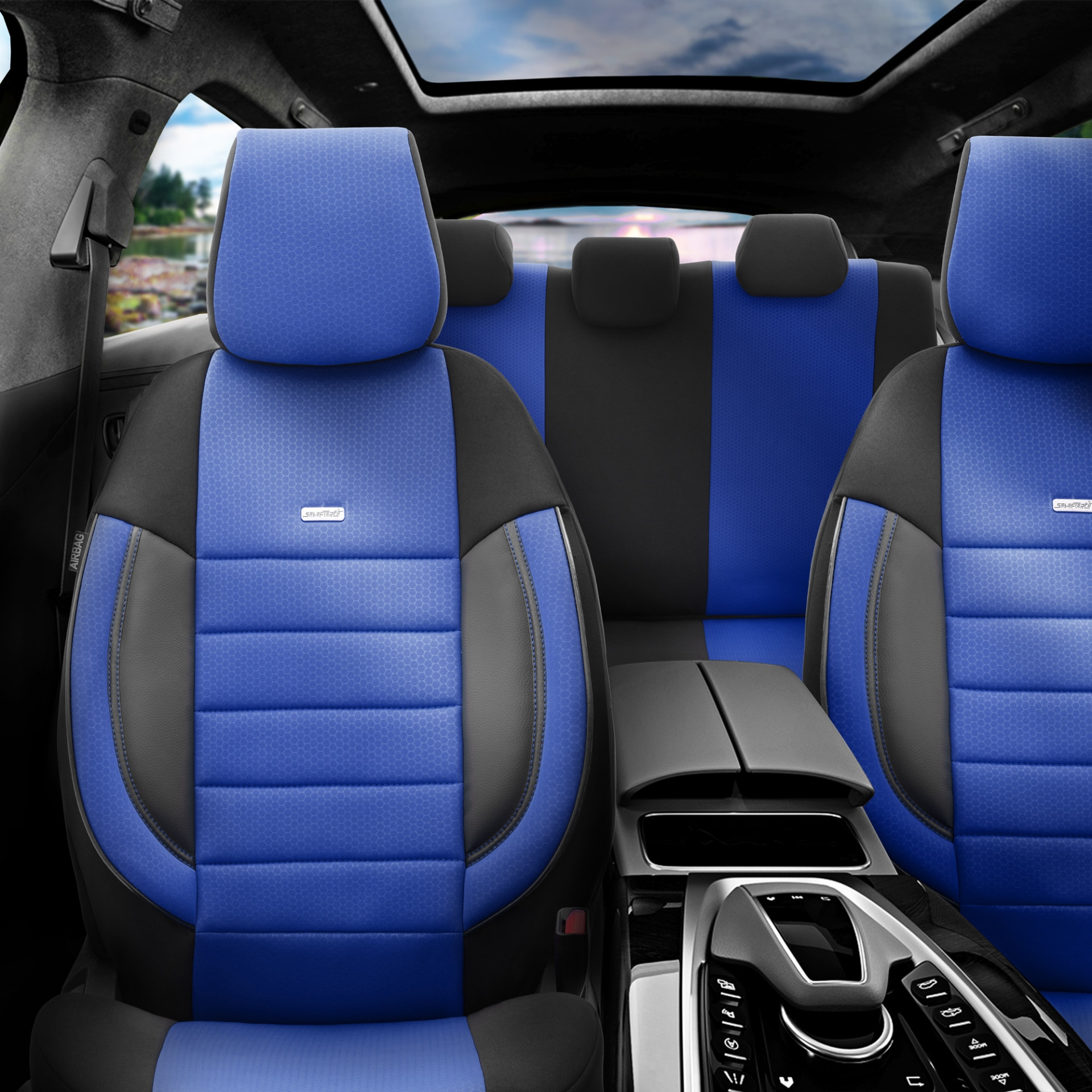 Комплект Тапицерия SelectedFit Pro Design by OTOM текстил с кожа – Черно-Синя, за Предни и Задни Седалки