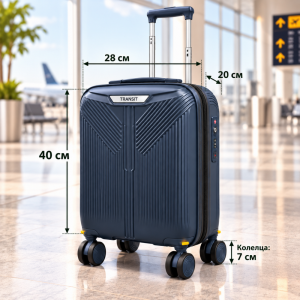 Висок клас куфар ръчен багаж TRANSIT 16″ BLUE, ПОЛИПРОПИЛЕН с TSA заключване и 4 двойни свалящи се колела. 40/28/20 см
