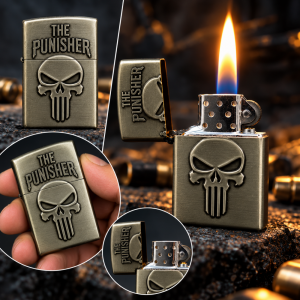 Класна метална запалка THE PUNISHER,  класически дизайн, на газ с камъче и подаръчна кутия