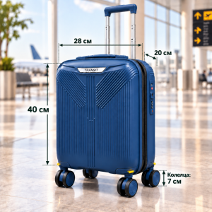 Висок клас куфар ръчен багаж TRANSIT 16″ BLUE, ПОЛИПРОПИЛЕН с TSA заключване и 4 двойни свалящи се колела. 40/28/20 см
