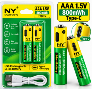 2БР. AAA литиеви батерии зареждащи се с USB-C кабел 800mWh 1.5 V литиево-йонна батерия