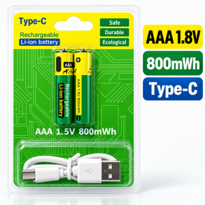 2БР. AAA литиеви батерии зареждащи се с USB-C кабел 800mWh 1.5 V литиево-йонна батерия