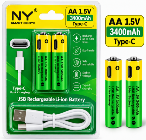 2БР. AA литиеви батерии зареждащи се с USB-C кабел 3400mWh 1.5 V литиево-йонна батерия