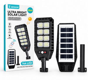 144 LED Лампа за улично осветление със соларен панел и датчик за движение 200W