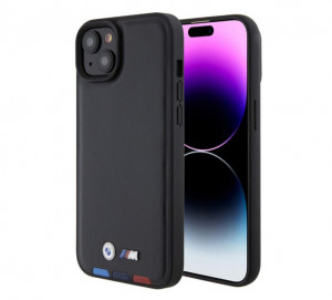 PTDK 3350 BMW iPhone 15 & 14 Plus естествена кожа заден капак - трицветен печат - черен