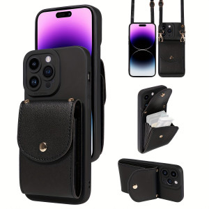 TP-110 Луксозен Кейс за iPhone 15 Pro с връзка и портфейл - Черен