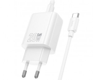 HOCO N60 USB-C 20W зарядно устройство с Type-C към Type-C кабел - Бял