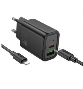 HOCO N63 Зарядно GaN USB USB-C PD30W TYPE-C към Lightning - Черен