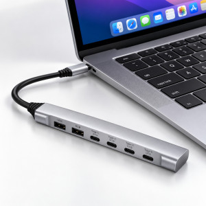 SX-167 6в1 USB-C хъб 6 в 1 с 2× USB-A и 4× USB-C OTG – алуминиев корпус