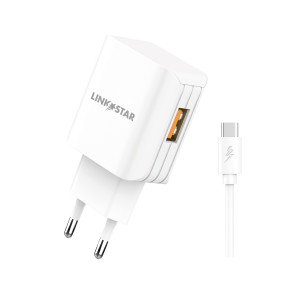 LINK★STAR TC-9 3.0A Бързозаряден USB  220V с Type-C кабел - Бял