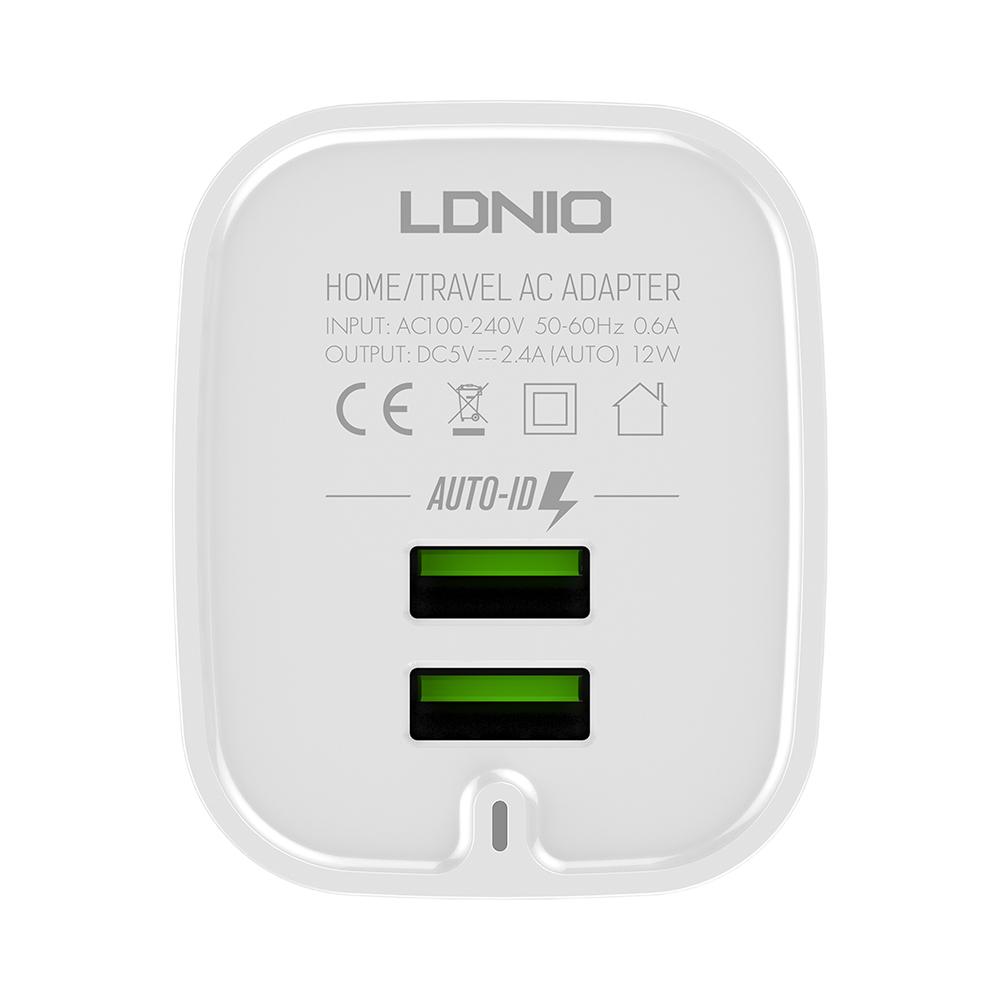 Хай-тек зарядно за Apple iPhone LDNIO A201, 2 USB 2.4A, кабел Apple iPhone